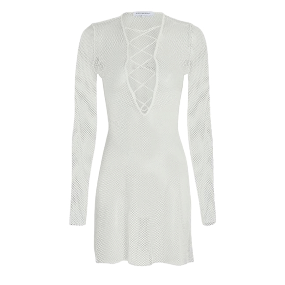 WeWoreWhat Other - WEWOREWHAT V Neck Lace Up Mini Fishnet Cover up Dress - Off White - S - NEW